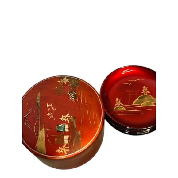 Japanese Red Gold Lacquerware Box and Coasters Set Vintage Set of 6 - Picture 3 of 9